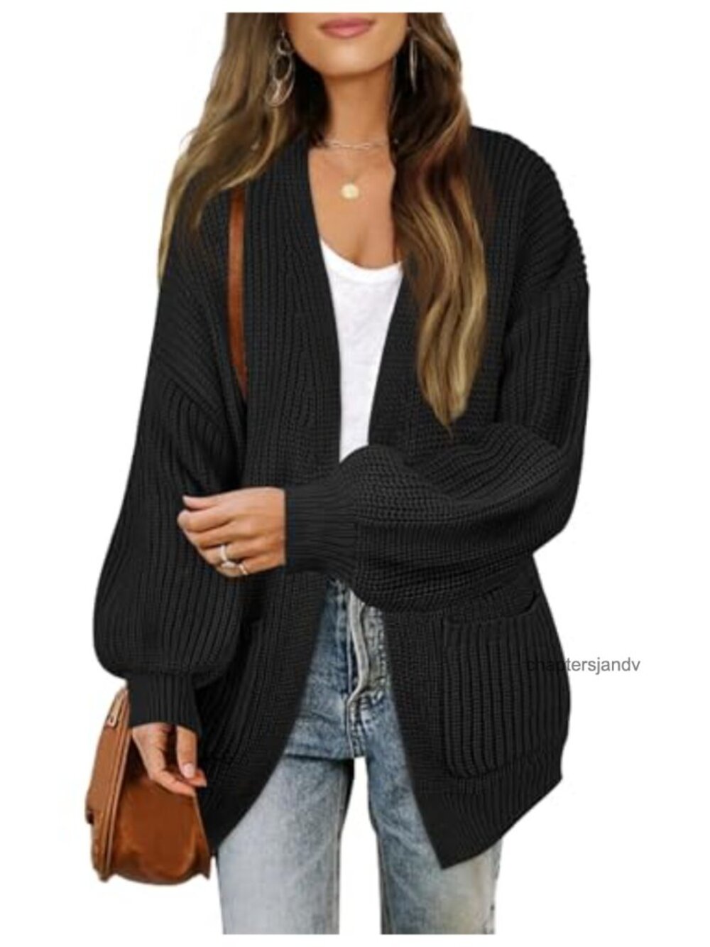 Oversized Lantern Sleeve Open Front Chunky Knit Cardigan Sweater